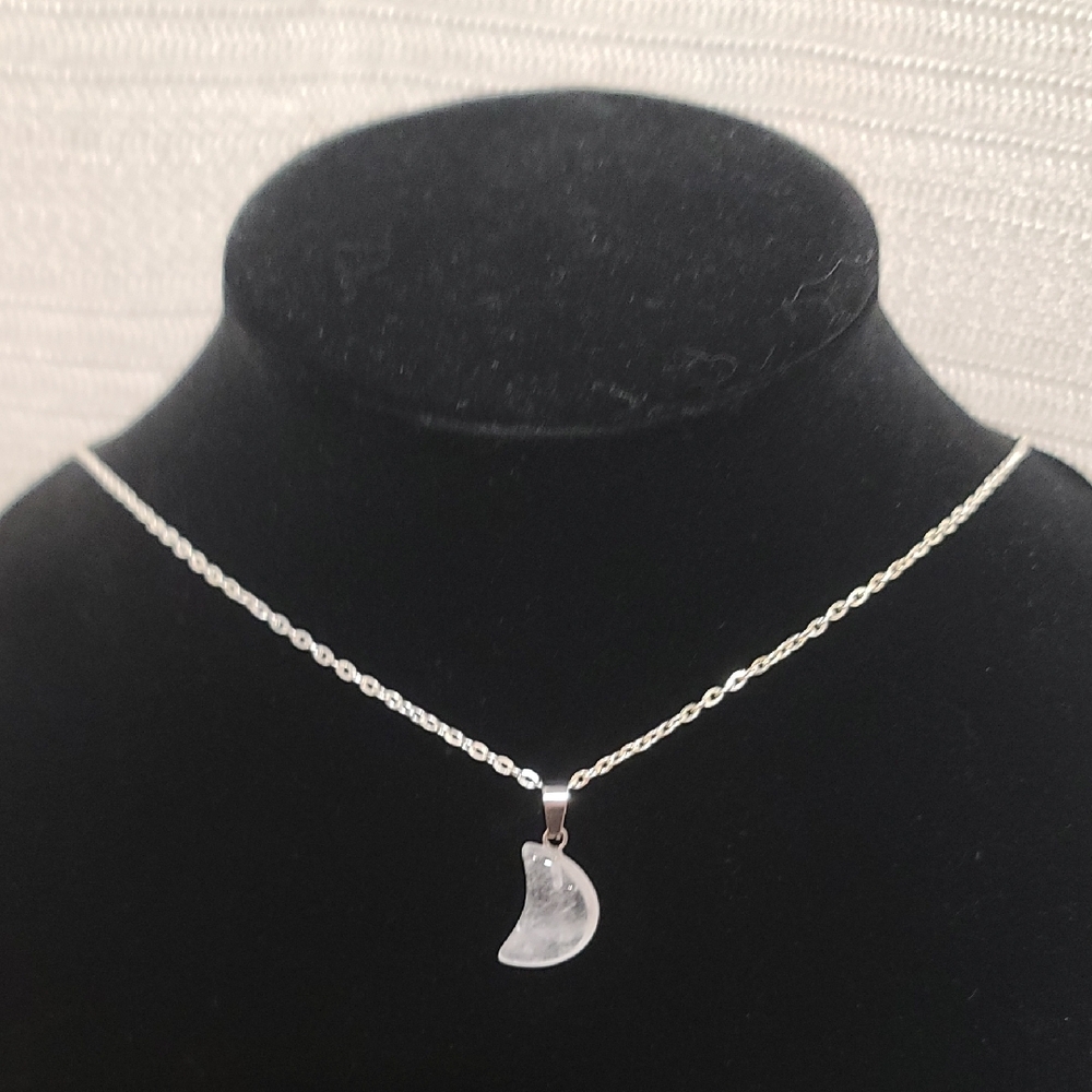 Crystal Quartz Moon Shaped Pendant Silver Tone Necklace NWT
